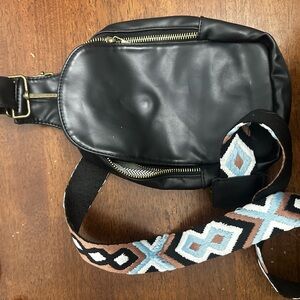 Black Leather Crossbody Sling Bag with Patterned Strap